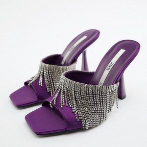 NWT Zara Purple Sparkly Rhinestones Fringe Heeled Sandals